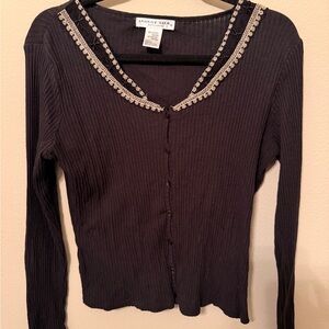 Vintage August Silk Black Button Down Cardigan with Lace Trim